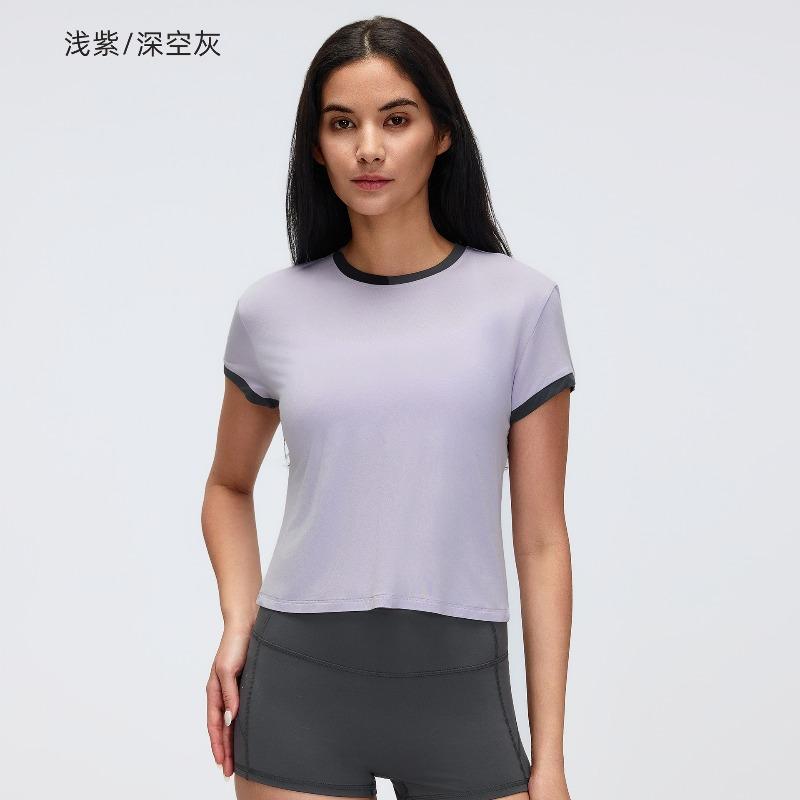 Contrasting Color Front Shoulder Short Sports Short-sleeved T-shirt Women's Summer Solid Color Round Neck Sports Yoga Top