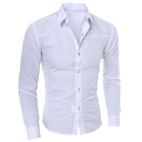 Männer Mode Einfarbig Drehen Unten Kragen Langarm Slim Fit Bluse Shirt Top