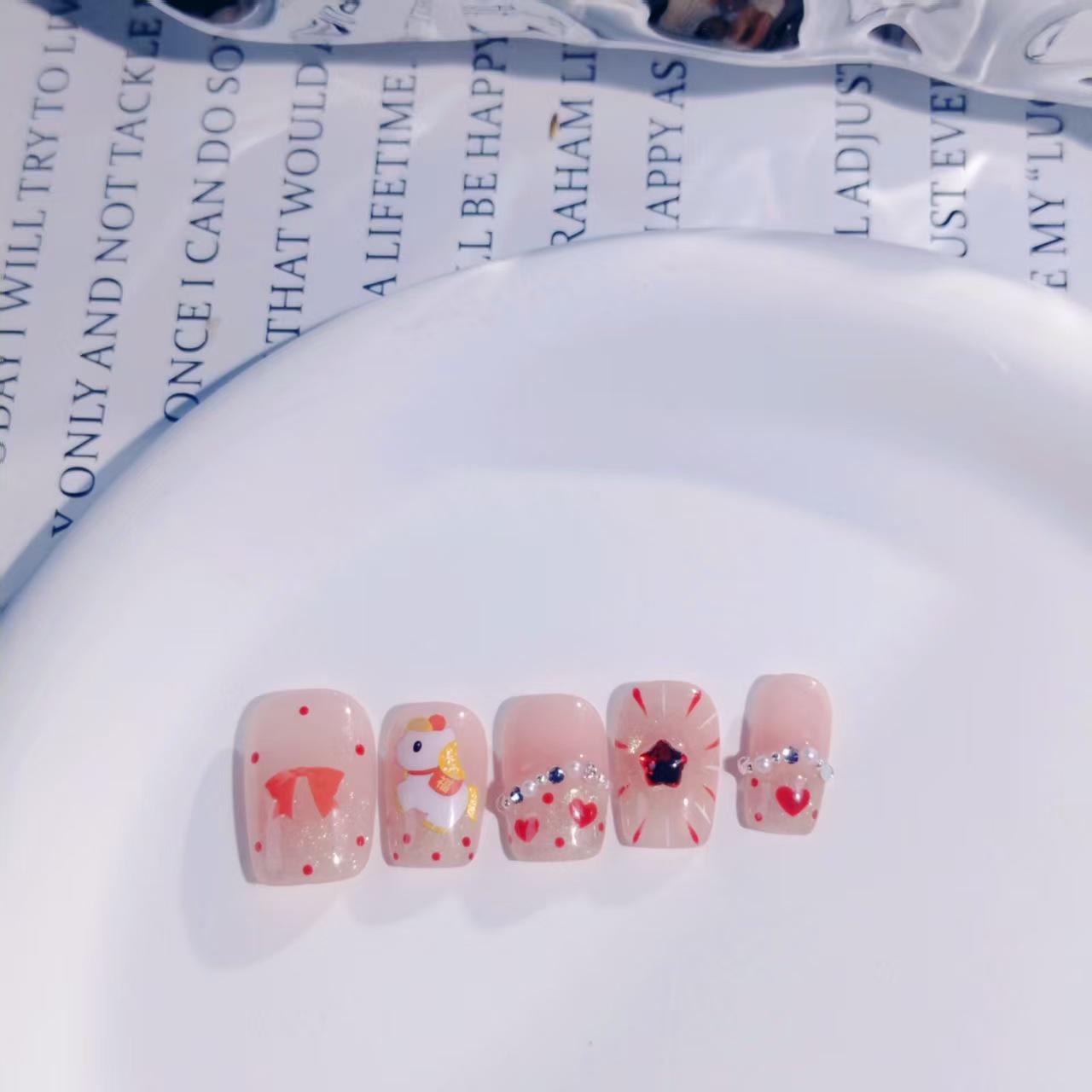 New Year Hand-Painted Cute Horse Fireworks Heart Rhinestone Short French Polka Dot Cat Eye Manicure Nails. Extra Small