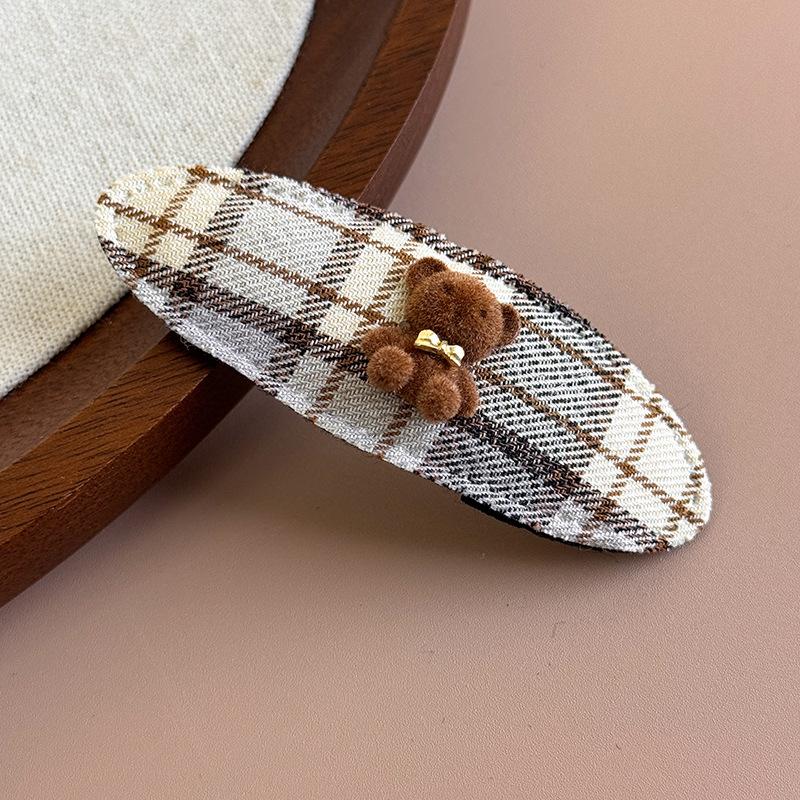 Cute Cartoon Bear Hair Clips Fabric Plaid Side Clip Sweet Girl Oval Bangs Clip Hairpin Barrettes Headwear Hair Accessories 1pc