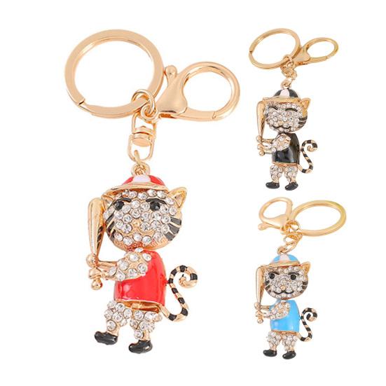 Alloy Tiger Keychain Rhinestone Colorful Enamel 3D Tiger Charm with Keyring Baseball Player Tiger Keychain Gift for Teens Baseball Lovers