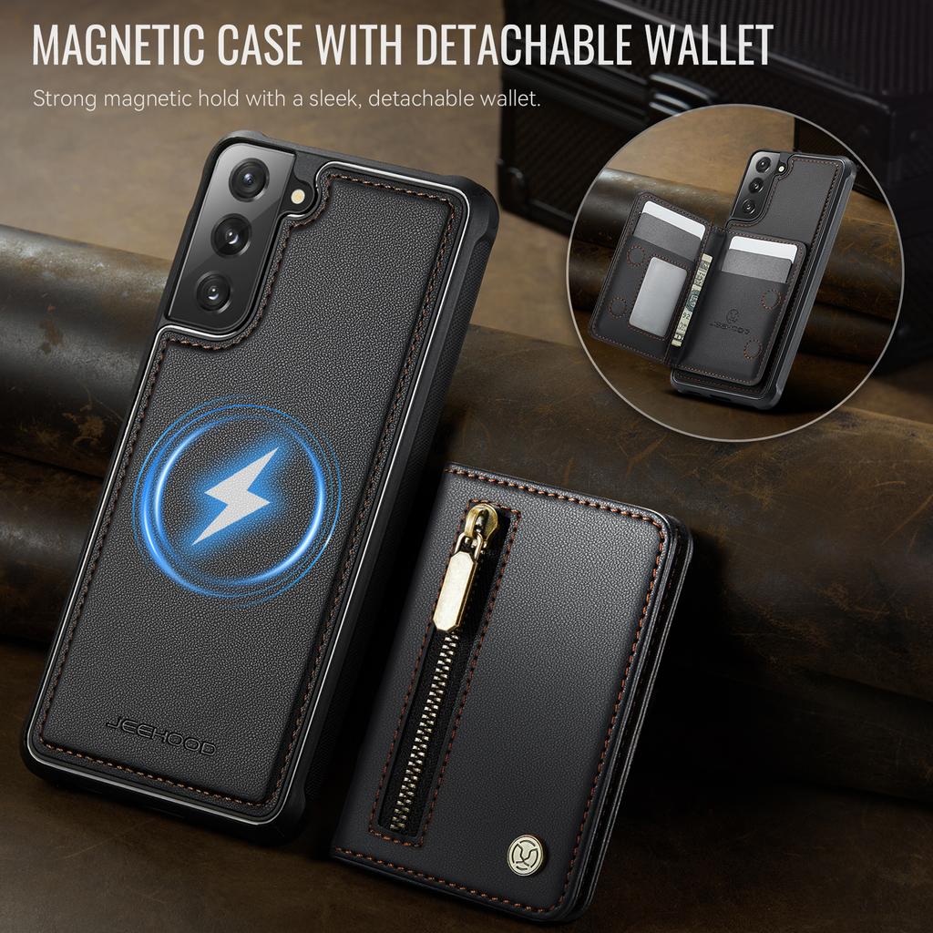 For Samsung Galaxy S21+ 5G Case JEEHOOD J12 Magnetic Detachable Zipper Wallet Kickstand Leather Back Cover Magnetic Case