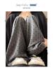 Dark Grey Heart Pattern Wide Leg High Waist Petite Women's Trousers - Spring/Summer Casual Straight Leg Floor Length Pants