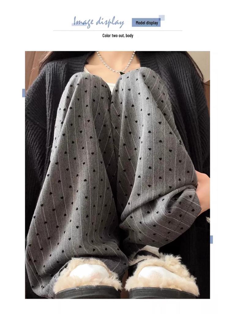 Dark Grey Heart Pattern Wide Leg High Waist Petite Women's Trousers - Spring/Summer Casual Straight Leg Floor Length Pants