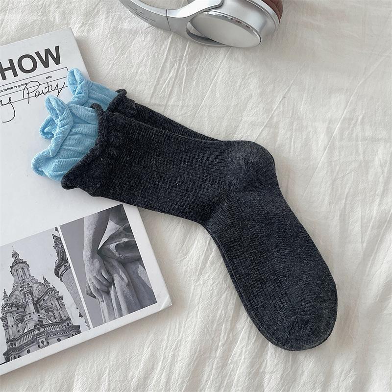 Korean Angola Red And Fake Two-Piece Contrasting Socks, Double Luo Kou Color Matching Stacking Socks, Pure Cotton Boneless Medium Tube Socks