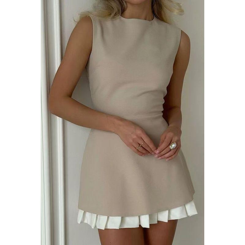 

Western Style Summer Sleeveless round Neck Patchwork Pleat Short Dress Fashion Patchwork Dress Apricot color S