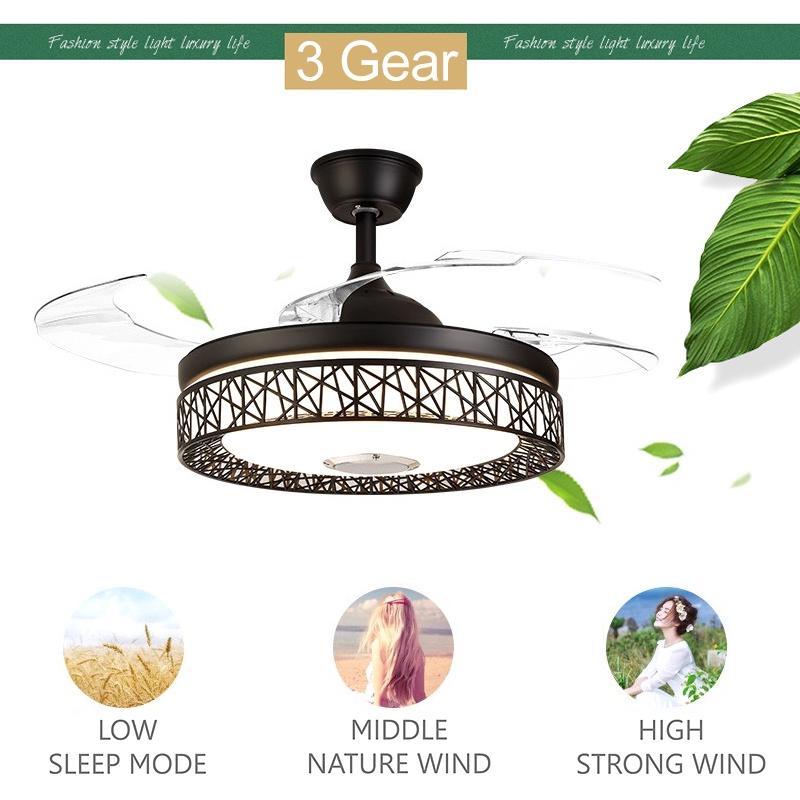 Led Invisible Blck Ceiling Fans Light 42" Retractable Blade Bluetooth Modern Folding Fan Lamp APP Remote Control Hanging Light