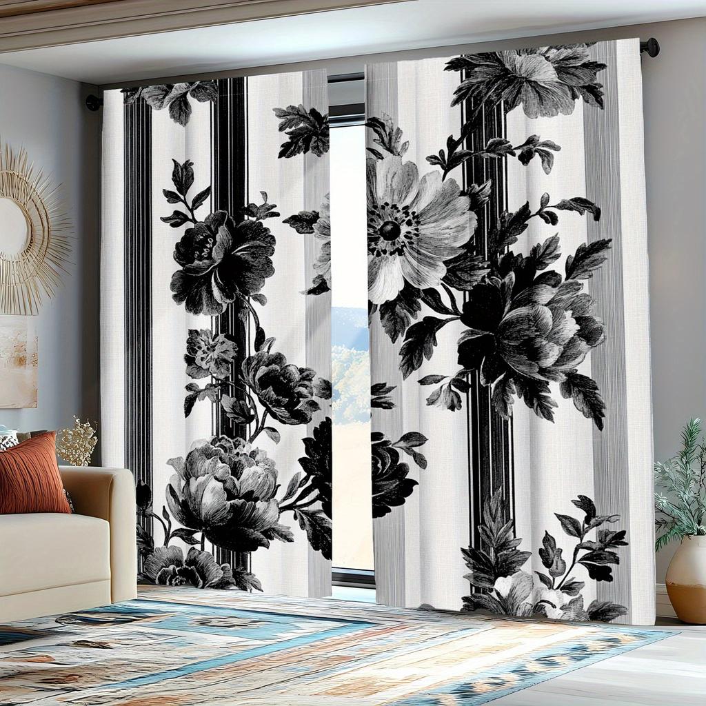 Black White Floral Pattern Curtains Polyester Fabric Suitable Living Room Bedroom Decoration Curtain Machine Washable Perfect For Great