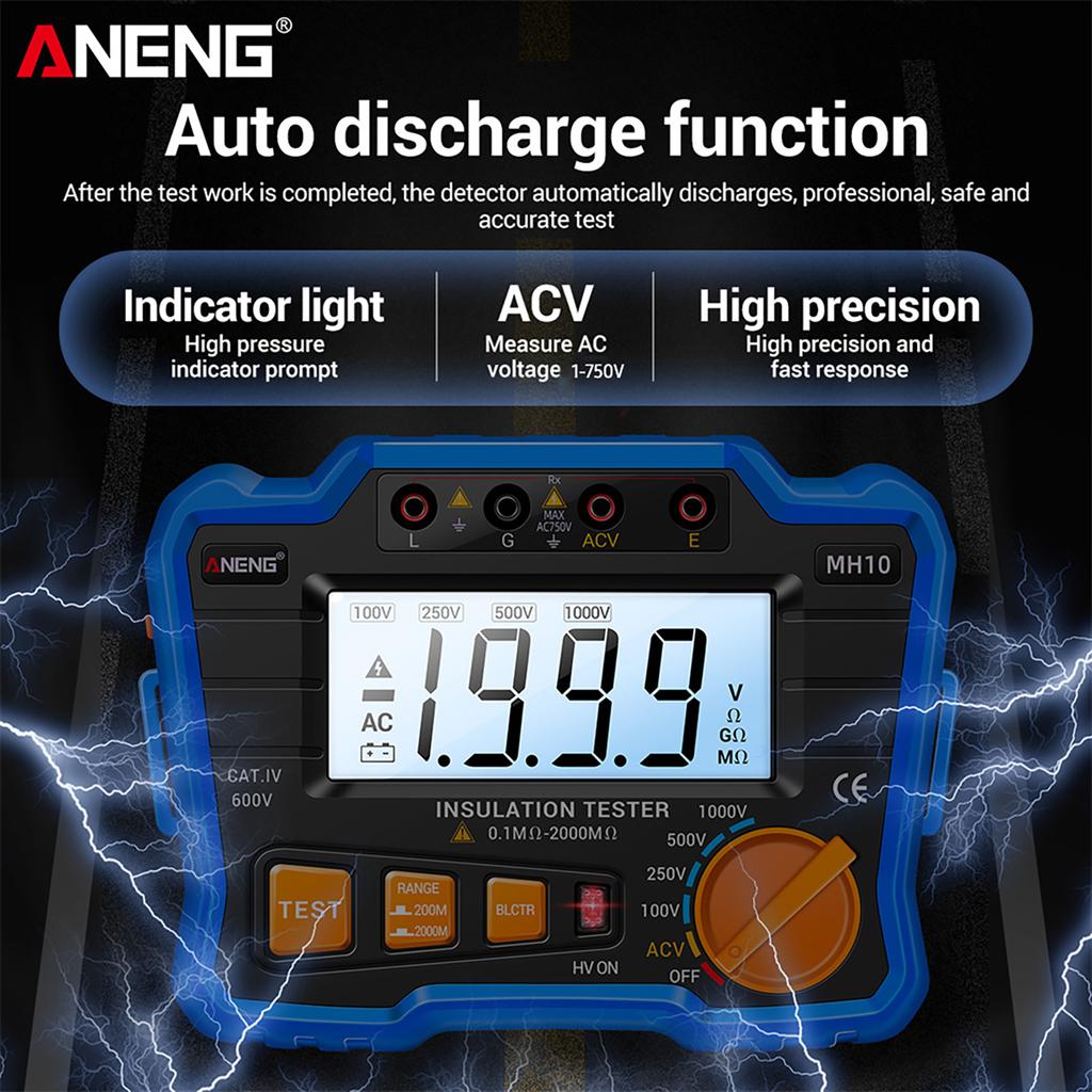 ANENG MH10 Digital Megohmmeter Insulation Resistance Tester 100V/ 250V/ 500V/ 1000V Voltmeter LCD Display Screen Multimeter