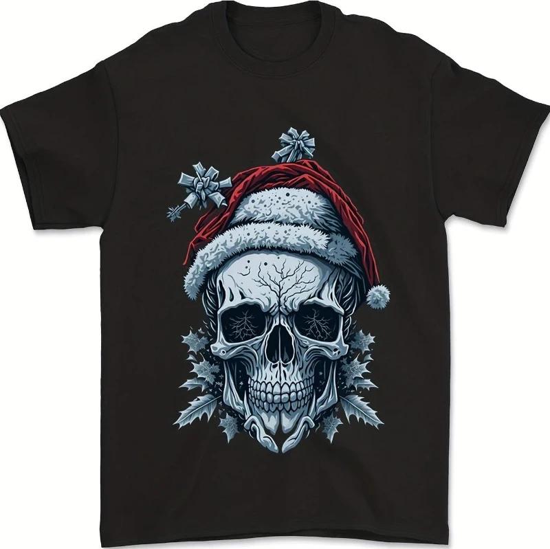 Pánské gotické hororové vánoční tričko s potiskem lebky ze 100% čisté bavlny s krátkým rukávem, streetwear top