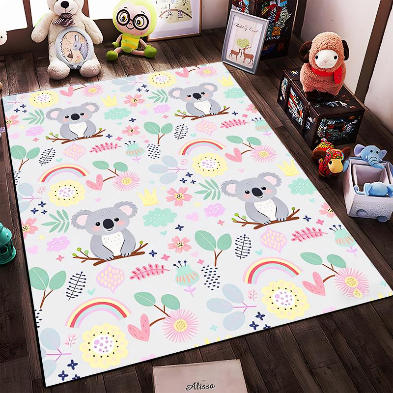 Cute Koala Cartoon Carpet with Rainbows and Floral Pattern Design Suitable for Use As an Anti-slip for Living Room Bedroom Sofas