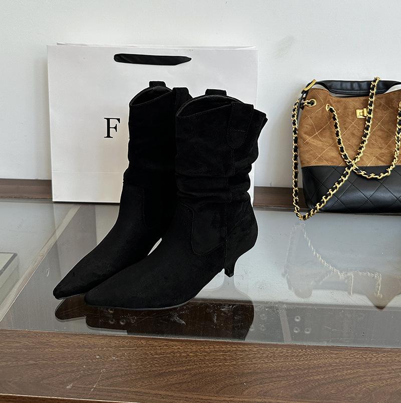 European and American style pointed-toed pleated piled boots women's 2025 autumn fine-heeled short denim bare boots high-heeled temperament short boot
