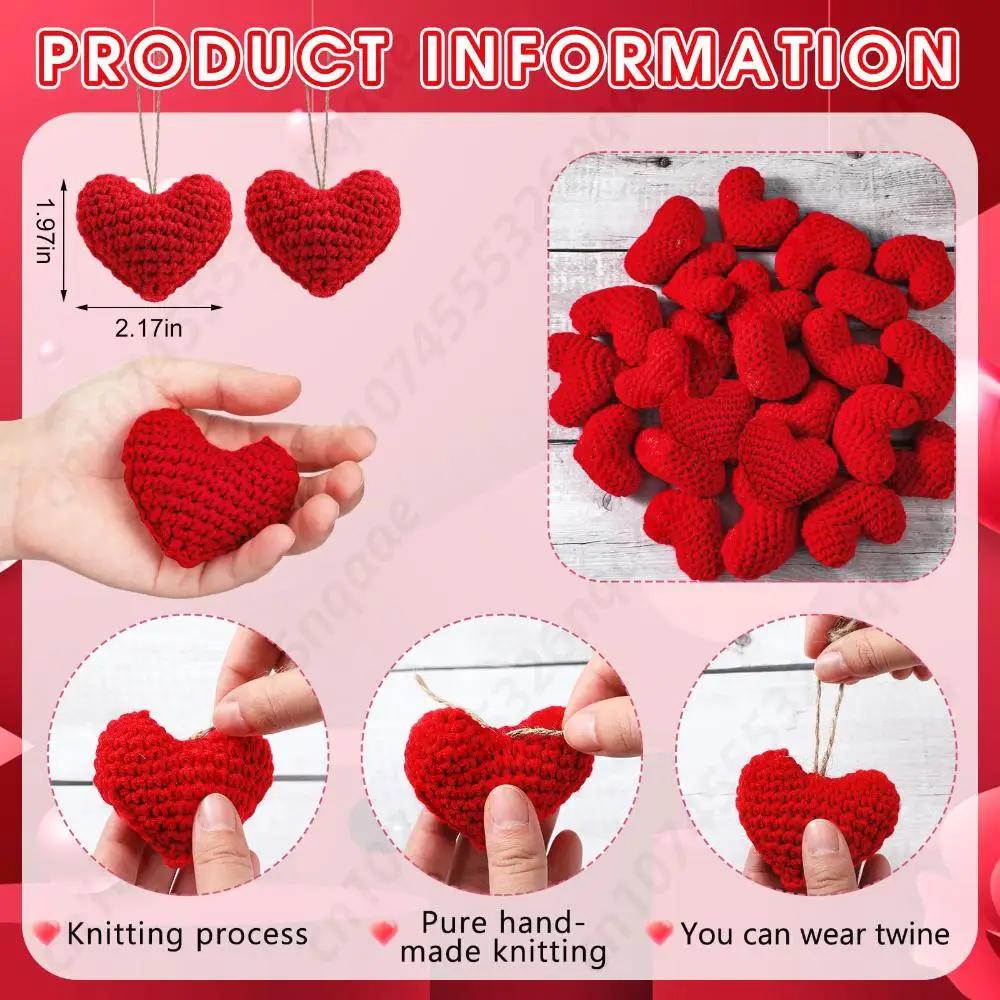 12Pcs Knitted Heart Hanging Pendant DIY Crochet Handmade Heart Tree Ornament Home Christmas Valentine's Day Wedding Party Decor