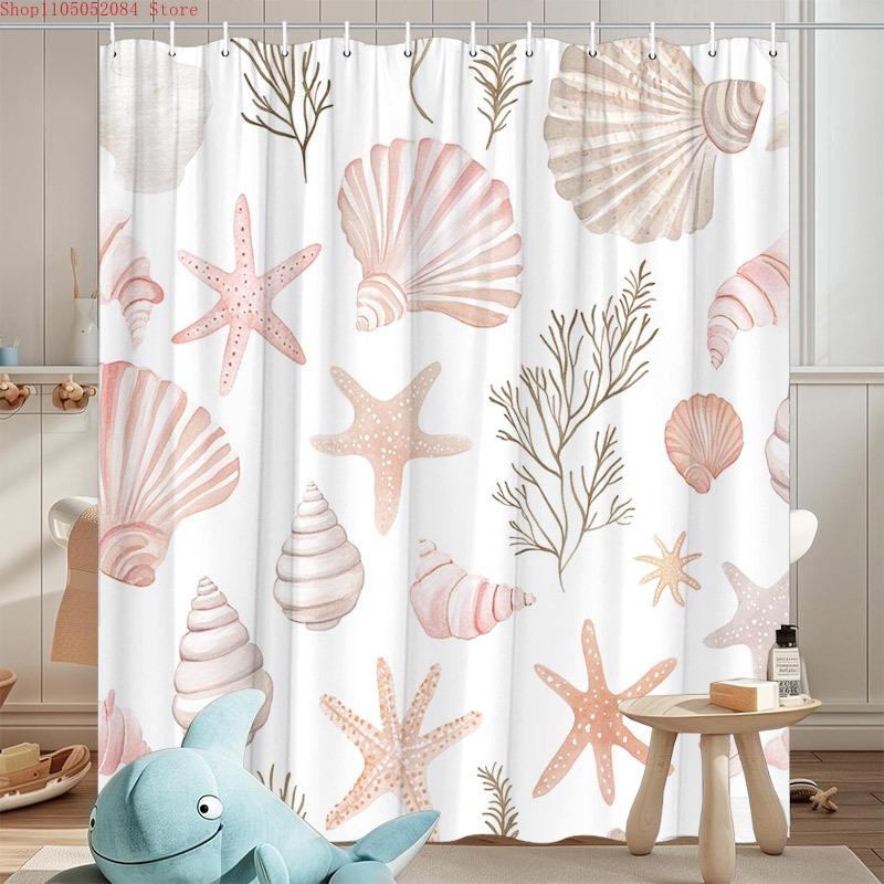 1pc seashell sea creatures shower curtain soft watercolor - With Hooks Waterproof Mildew Proof Easy Install Washable