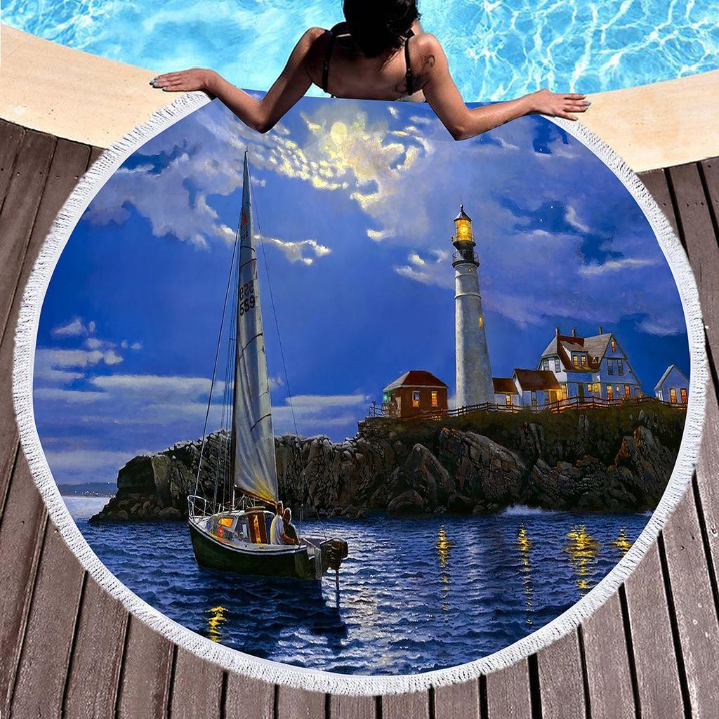Lonely Lighthouse Printed Round Beach Towel,Polyester Sand Resistant Beach Blanket,Absorbent Quick Dry Pool Towel Picnic Mat