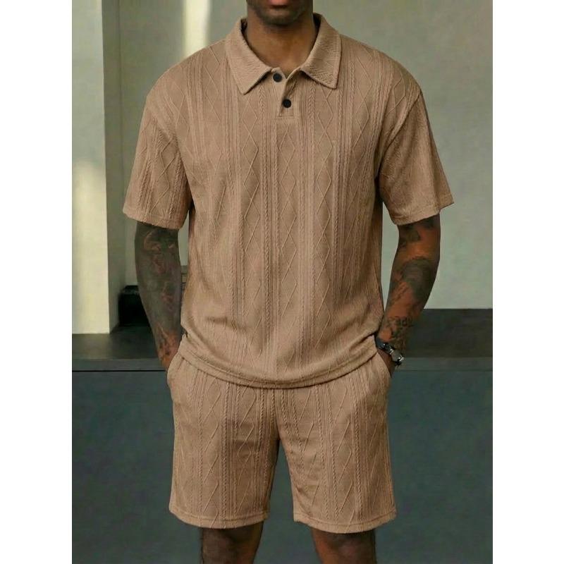 Men Solid Jacquard Casual Short Sleeve Polo Shirt And Shorts Two Piece Set