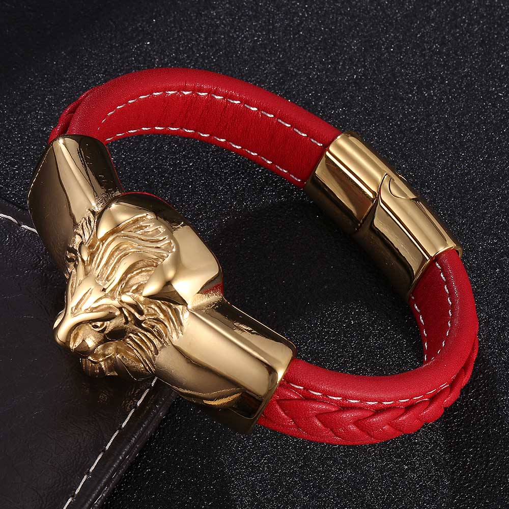 New Mens Bracelets Leo Lion Stainless Steel Clasp Black Leather Bracelet Cuff Wristband Fashion Jewelry