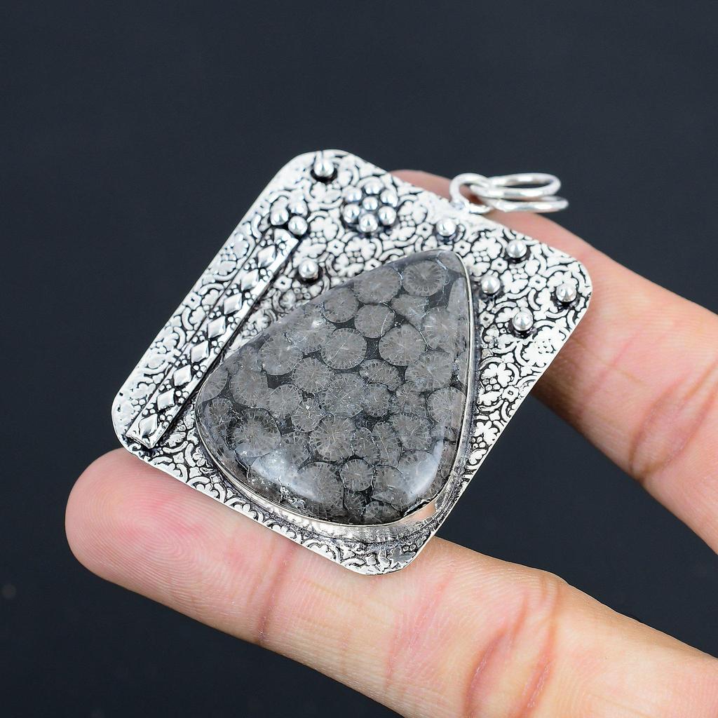 Easter Deal Sterling Silver Root Chakra Black Fossil Coral Gemstone Boho Pendant