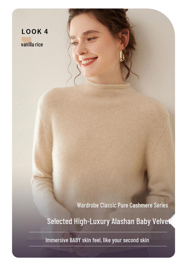Women's Cashmere Rolled Hem Turtleneck Sweater: Pure, Double-Ply, Thick Knit, Short, Loose, Versatile Base Layer