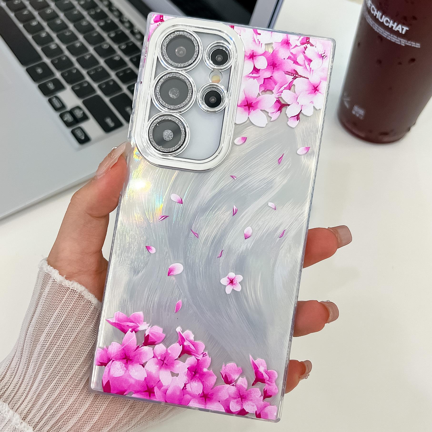 

Samsung S25 Ultra Mobile Phone Case Laser Texture Flower and Grass Lens Film S24FE Bracelet A56 Electroplated Hard Shell Galaxy A56 5G