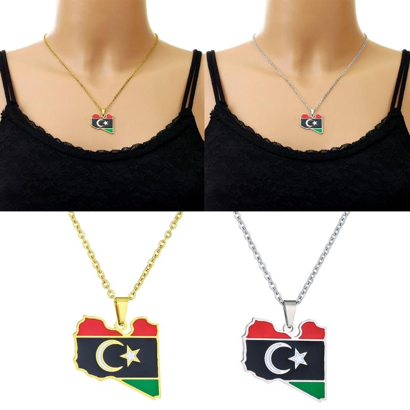 Stainless Steel Libya Flag Pendant Necklace Stylish Libya Map Necklace Durable Neck Jewelry Stainless Steel Material