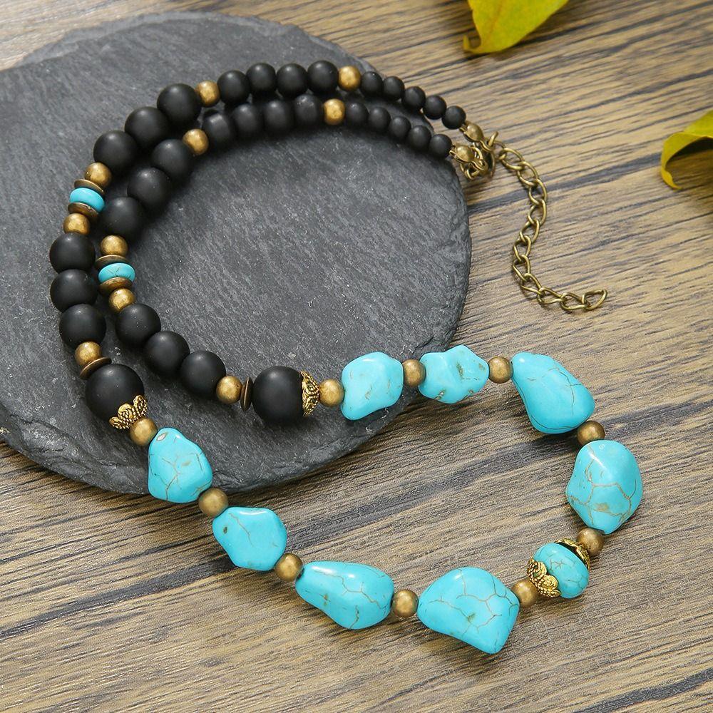 Texture Turquoise Necklace Men Black Beads Western Country Necklace Fashion Beaded Necklace  Men