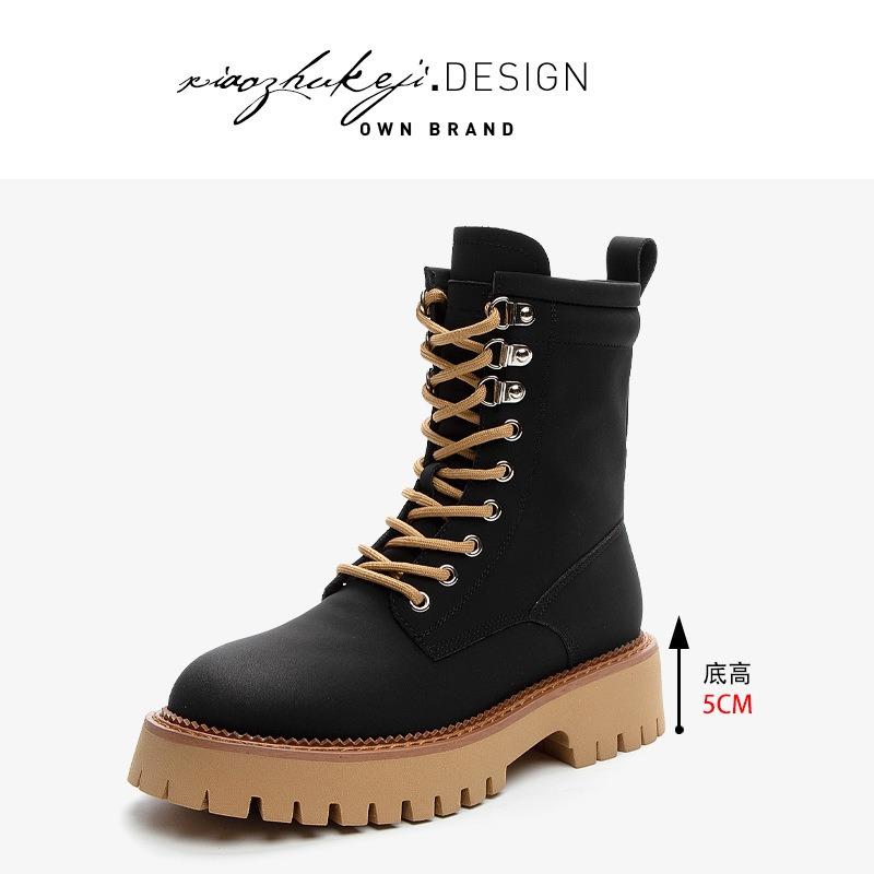 Leather Martin boots women's autumn new rhubarb boots thick-soled inner height-increasing medium boots women