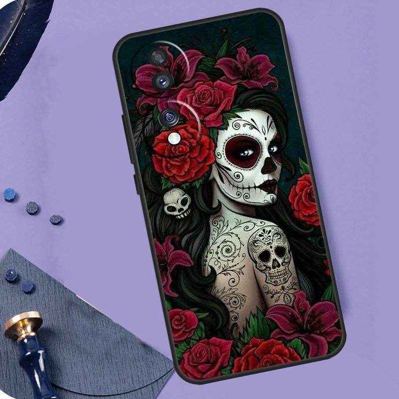 

Catrina Beautiful Rose Girl Skull Case For Honor X8b X9b X9a X8a X7a X6a X7 X8 X9 Cover For Honor Magic 6 5 Pro 50 70 90 Lite Honor 90