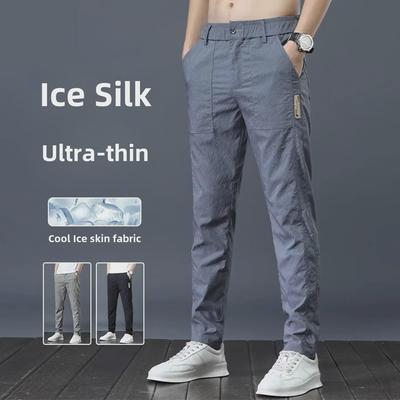 Pantaloni casual lungi pentru bărbați, de vară, ușori, din mătase de gheață, elastici, drepți - Respirabili, cu uscare rapidă, croială lejeră, la modă, se potrivesc cu orice.