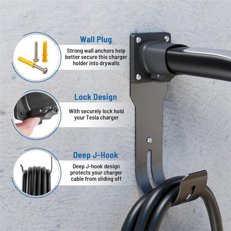 AW-EV Holder Wall Mount Dock & J-Hook For Tesla Model X/Y/3/S, EV Charging Cord Hanger For NACS Connector
