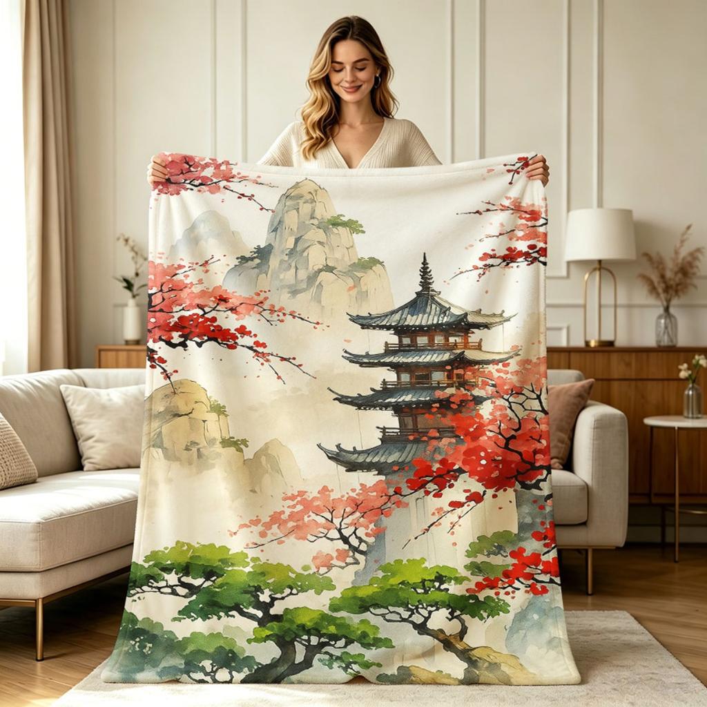 Soft Flannel Blanket with Chinese Traditional Pagoda Blossom Mountain Print All Season Warm Throw Blanket for Couch Sofa Bedroom Office Living Room Ho