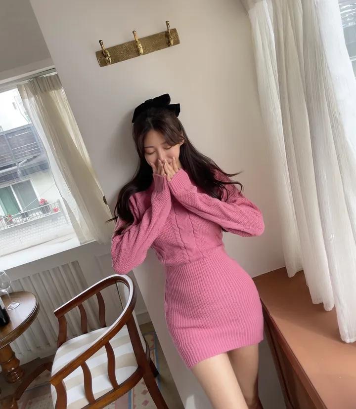 Kvinners Høst Varm Strikket Kjole Vintage Ribbed Pullover Bodycon Kjoler til våren