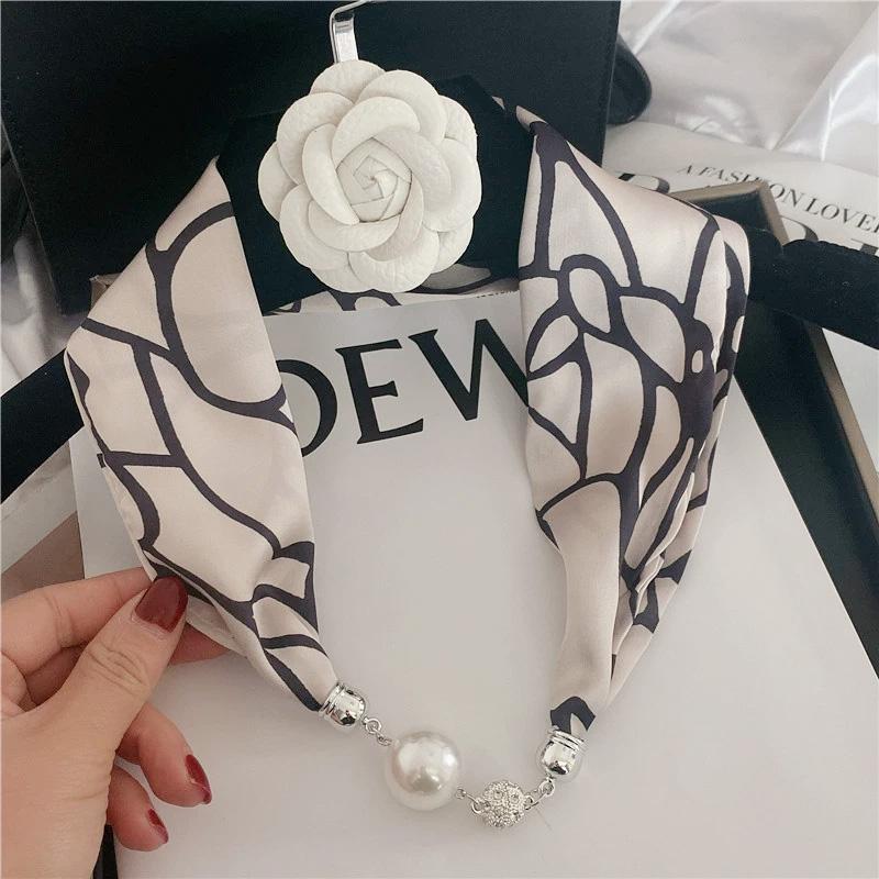 1Pc Cloth Accessories Versatile Patterned Texture Pearl Fashion Neck Protection Scarf Magnetic Silk Scarf
