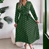 Spring Summer Women Long Sleeve Dot Pleated High Waist A Line Long Dress