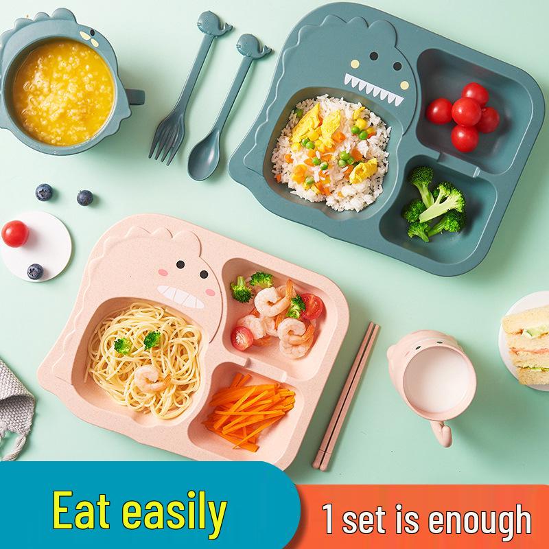 

Dinosaur Cartoon Children s Dinnerware Set: Includes Baby Bowl, Chopsticks, and Wheat Fiber Plate.