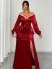 Large size red banquet dress long dress, deep V off-the-shoulder high-quality annual meeting party dress D