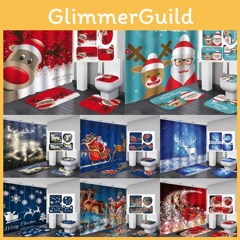 Premium Christmas Shower Curtain With Toilet Seat Cover Mats Rug Set For Stylish Holiday Bathroom