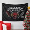 A Red Demon Skull with Horns, Weapons, Dice, and "Hellfire Club" Text. Patterned Tapestry for Bedroom and Living Room Home Decor