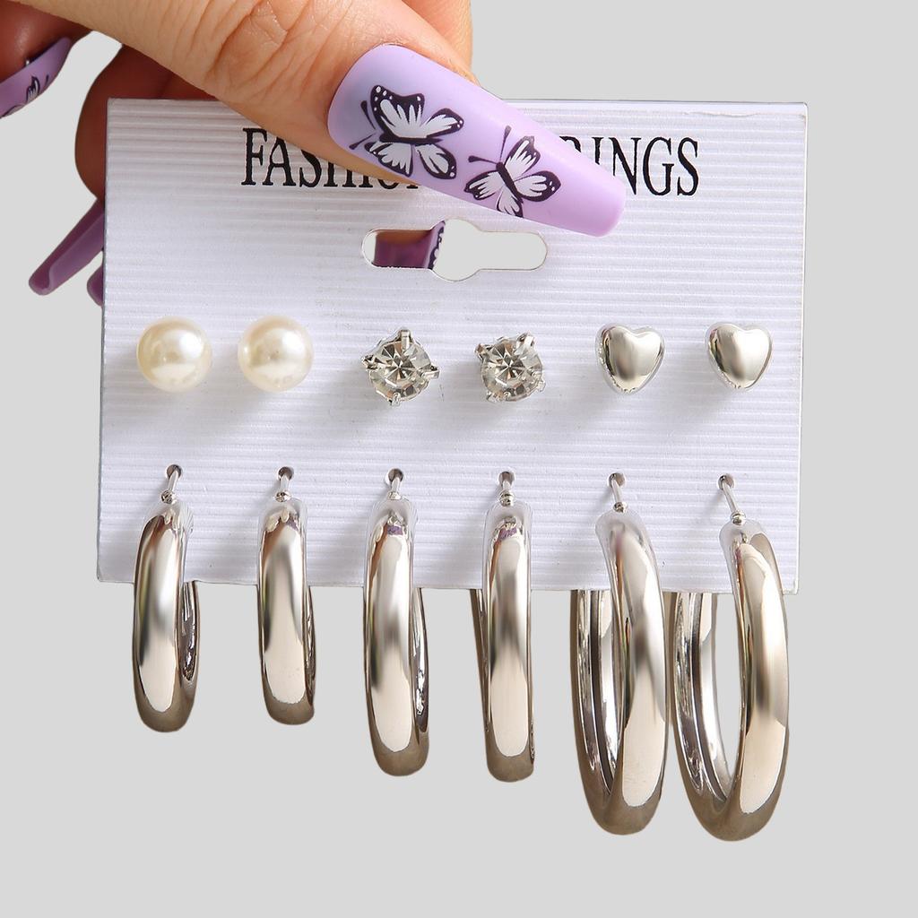 European and American metal earrings square geometric earrings retro pearl earrings ins wind earrings set