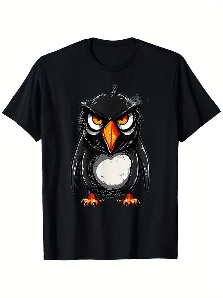 Angry Cartoon Owl Penguin Graphic TShirt Funny Black Cotton Crew Neck Tee for Unisex