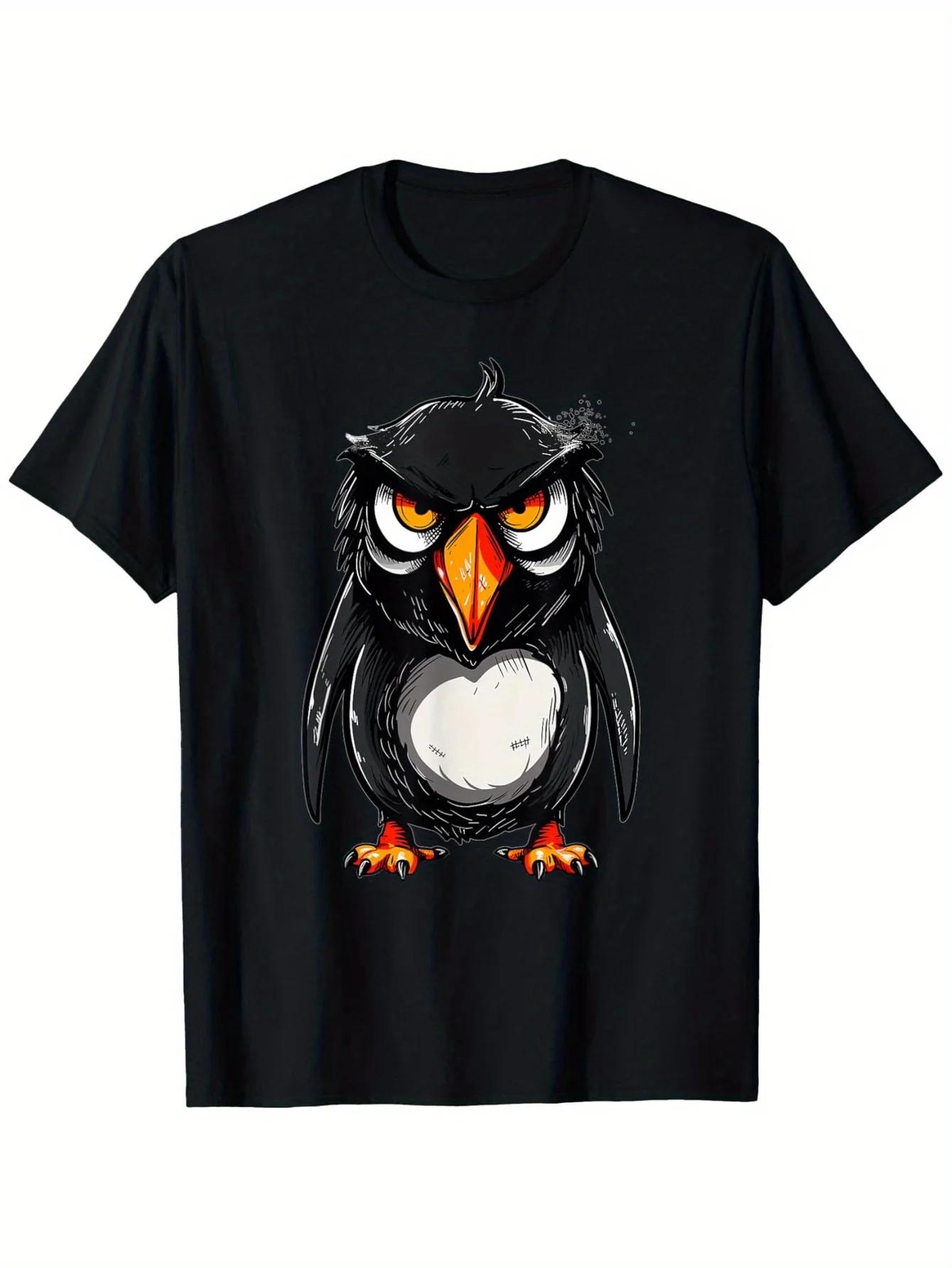 

Angry Cartoon Owl Penguin Graphic TShirt Funny Black Cotton Crew Neck Tee for Unisex S