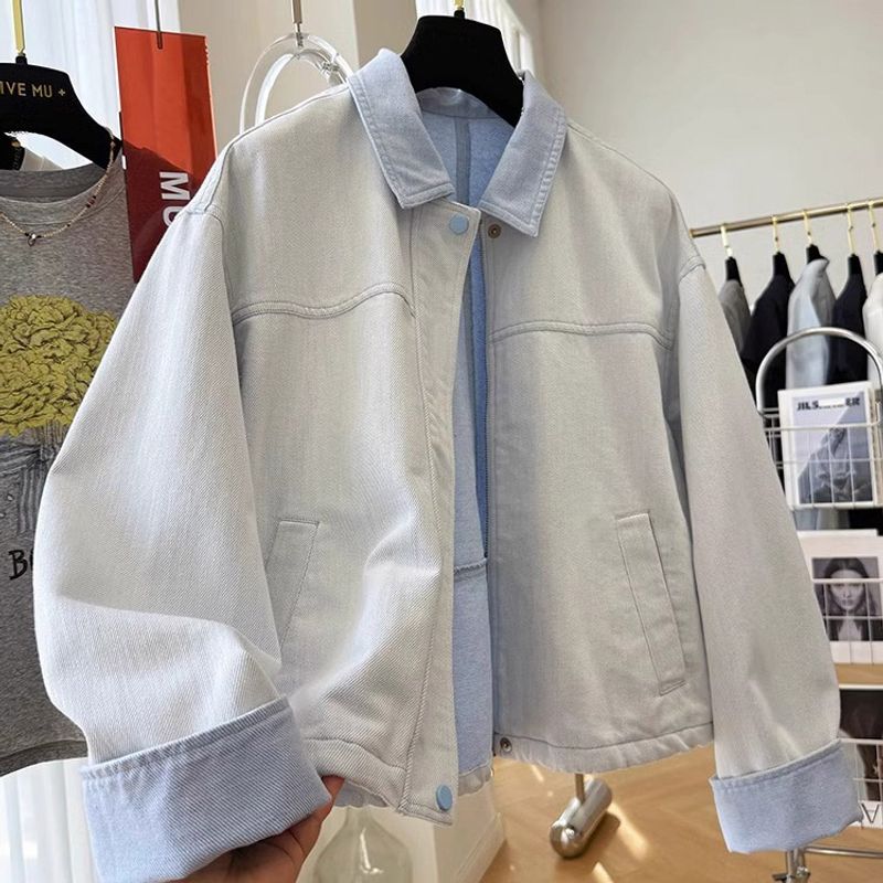 

Fancy Super Nice Korean Style Casual Denim Outwear Women s Spring Outing Unique Beautiful Polo Collar Jacket Tops Blue S(Suggested 49.00 kg-62.50 kg)