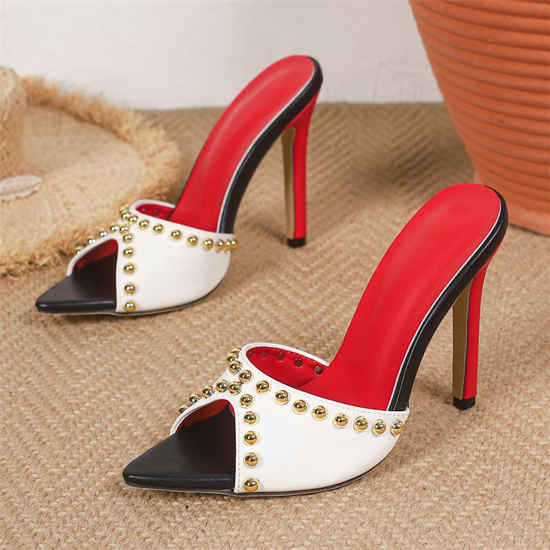 

Eilyken Fashion Design Metal Decoration Pointed Peep Toe Women Slippers Summer Sexy Thin High Heels Banquet Party Shoes 35 белый