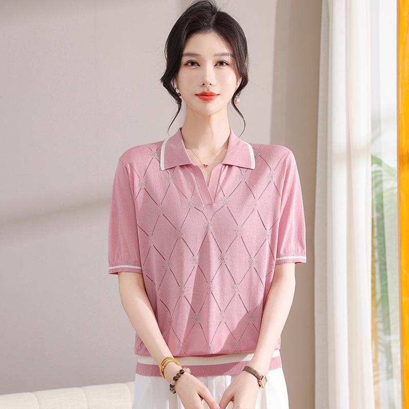 

2026 Summer Ice Silk Lapel Blouse for Middle-Aged and Elderly Women - Short-Sleeved T-Shirt 3XL (suitable for 120-135 jin) рожевий