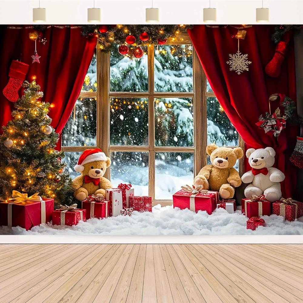 Winter Christmas and Happy New Year Banner Decoration Background Snow Scenery Teddy Bear Decoration Photography Background