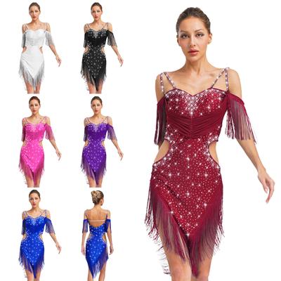 Womens Latin Dance Performance Costume Backless Cutout Design Spaghetti Straps Fringe Rhinestones Dress