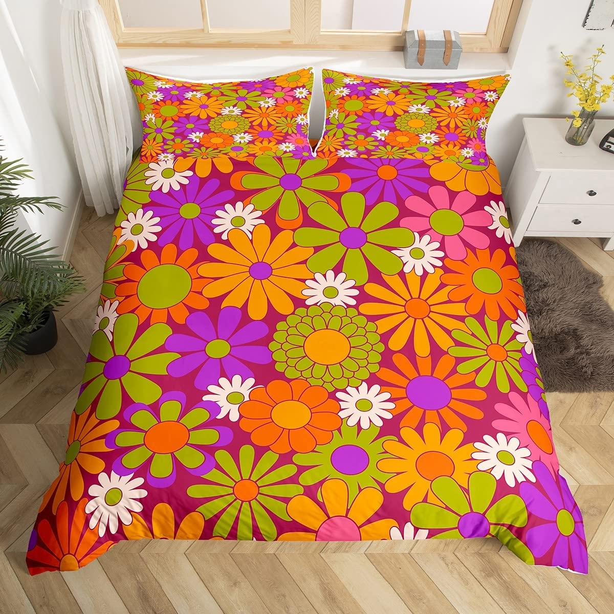 

Groovy Comforter Cover Queen Retro Hippie Flower Bedding Set Aesthetic Psychedelic Floral Duvet Cover Boho Botanical Quilt Cover 180*220cm 3pcs