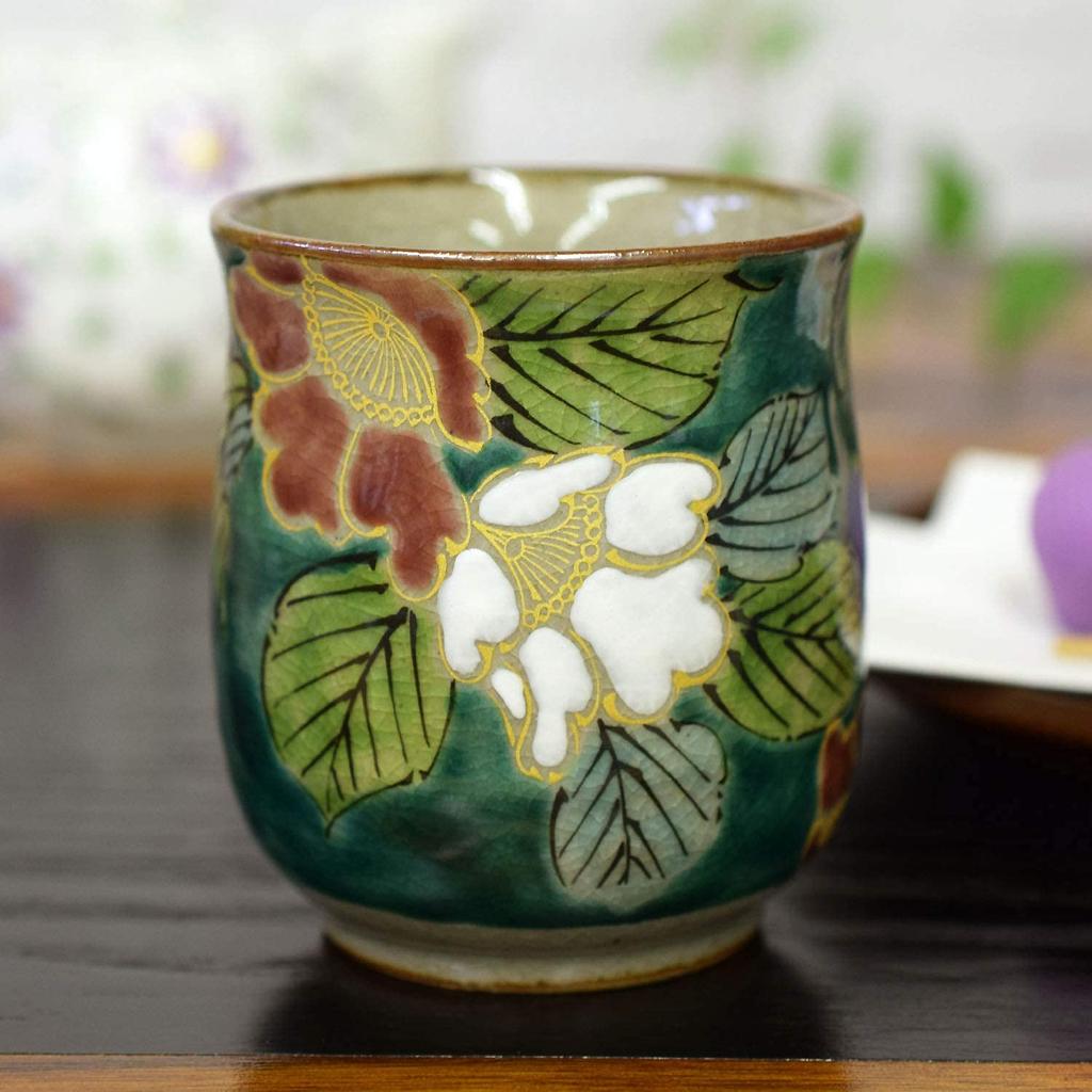 Waza No Kura Stylish Kutani Ware Teacup, Green Camellia Design, Ceramic, Brand Name, Japanese Tableware, Made In Japan, Perfect As a Birthday Present