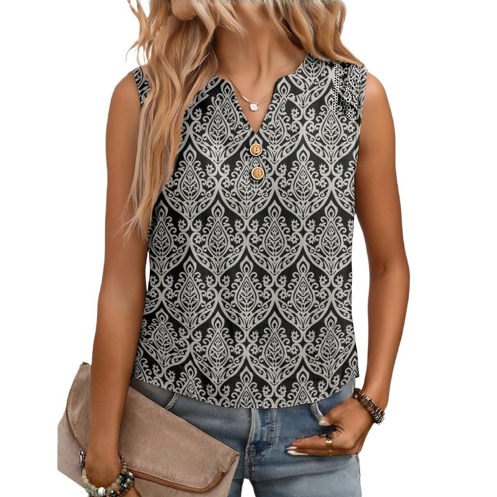 Women's Casual, Loose-Fitting, Printed, Sleeveless Linen Blouse
