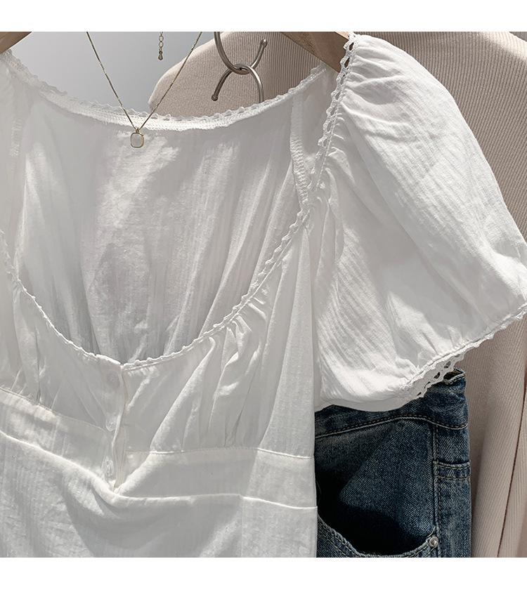 Chic French White Short-Sleeve Bubble Collar Top for Women